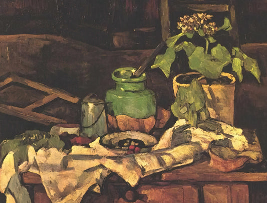 Montagne Sainte-Victoire with Large Pine: Cézanne's Vision of Provençal Landscape - Flower pot at a table by Paul Cézanne