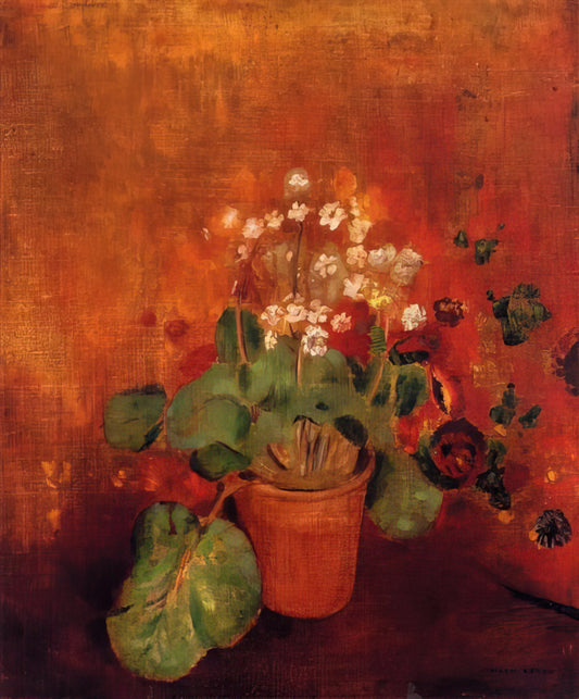 Odilon Redon Noir: The Enigmatic Power of Black in Symbolist Art - FLOWERS IN A POT ON A RED BACKGROUND by Odilon Redon
