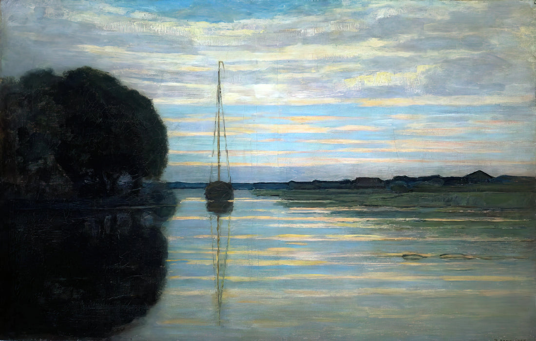 Piet Mondrian Early Life: The Formative Years That Shaped a Modernist Visionary - River view with a boat Sun by Piet Mondrian
