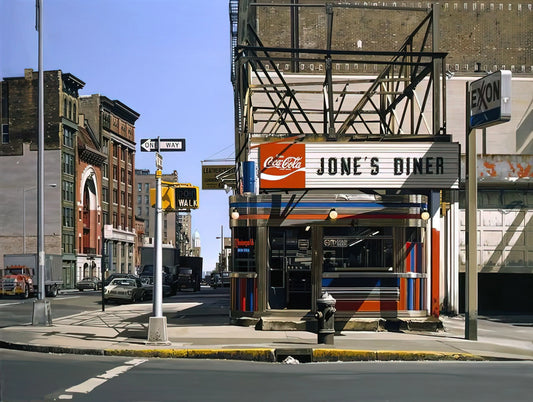 Richard Estes Art Prints: The Photorealist Master's Urban Visions in Your Collection - JONES DINER 1979 by Richard Estes