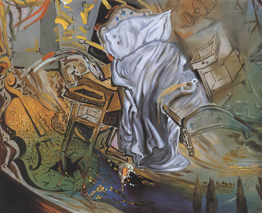 Salvador Dalí's Best Paintings: A Curated Guide to His Masterpieces - BED AND TWO BEDSIDE TABLES FEROCIOUSLY ATTACKING A CELLO FINAL STAGE by Salvador Dali