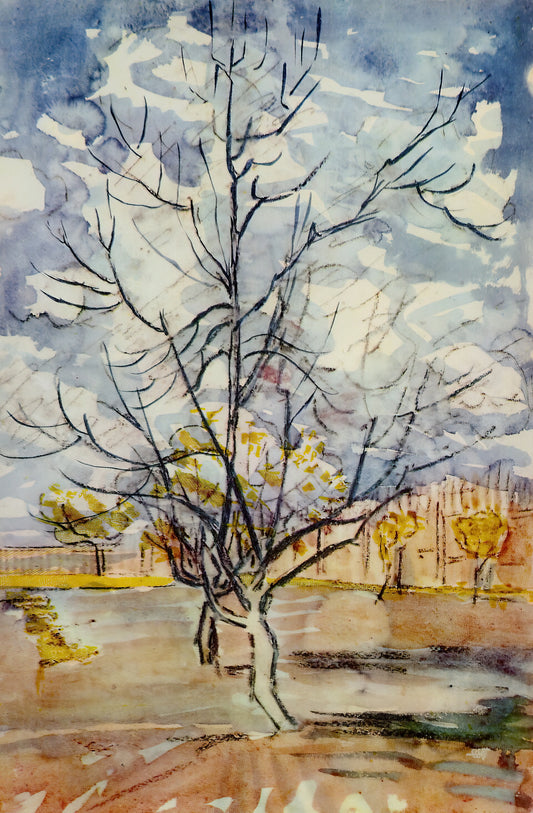 Skeleton with Cigarette Print: Van Gogh's Haunting Memento Mori Masterpiece - Pink Peach Trees by Vincent van Gogh
