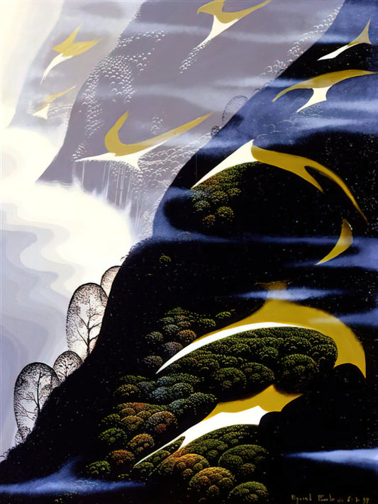 The Art of Eyvind Earle: A Journey Through Stylized Landscapes and Mid-Century Modernism - Copy of Sea mist and Pastures by Eyvind Earle