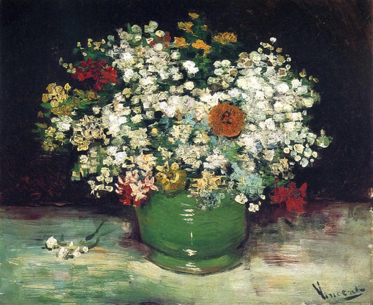 The Enduring Legacy of Vincent van Gogh: A Master's Vision in Print - Vase with Zinnias and Other Flowers by Vincent van Gogh