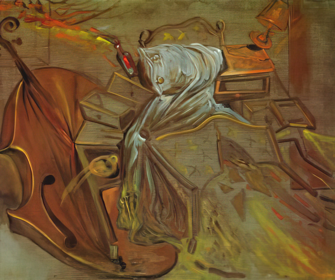 Theater Museum Dali: A Surrealist Journey into Salvador Dali's Mind - BED AND TWO BEDSIDE TABLES FEROCIOUSLY ATTACKING A CELLO by Salvador Dali