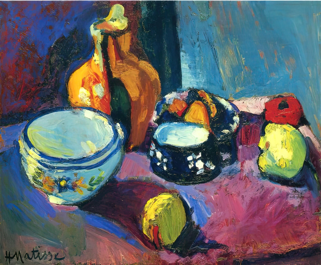 Unveiling Henri Matisse's Most Famous Works: A Journey Through Color and Form - DISHES AND FRUIT ON A RED AND BLACK CARPET 1901 by Henri Matisse