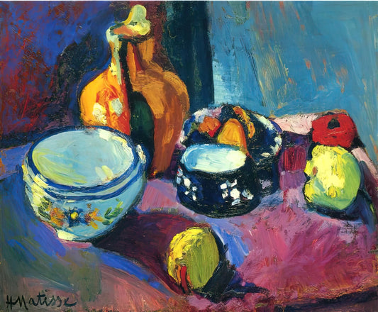 Unveiling Henri Matisse's Most Famous Works: A Journey Through Color and Form - DISHES AND FRUIT ON A RED AND BLACK CARPET 1901 by Henri Matisse