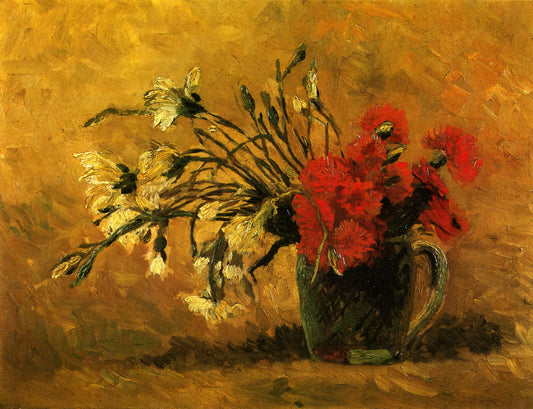 Van Gogh Art Posters: Bringing Post-Impressionist Mastery to Your Space - Vase with Red and White Carnations on a Yellow Background by Vincent van Gogh