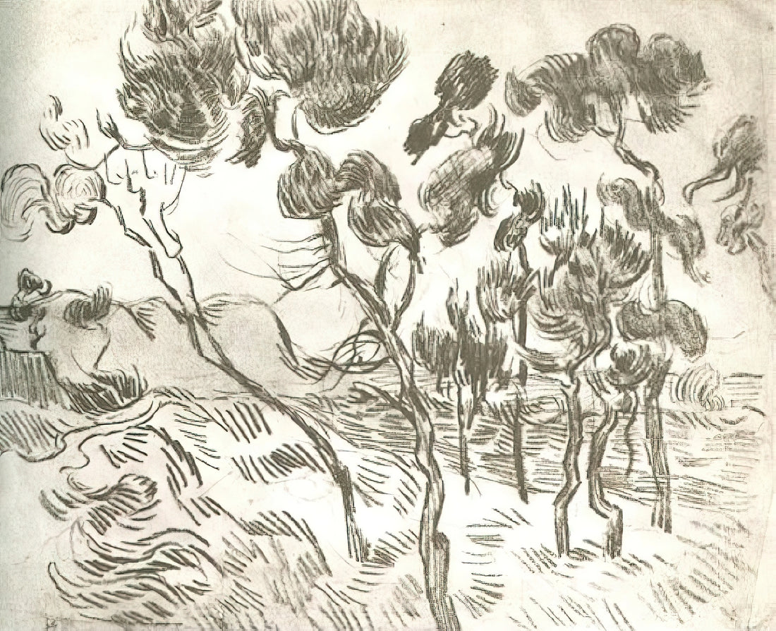 Van Gogh Irises Reproduction: A Collector's Guide to the Master's Floral Masterpiece - A Group of Pine Trees near a House by Vincent van Gogh
