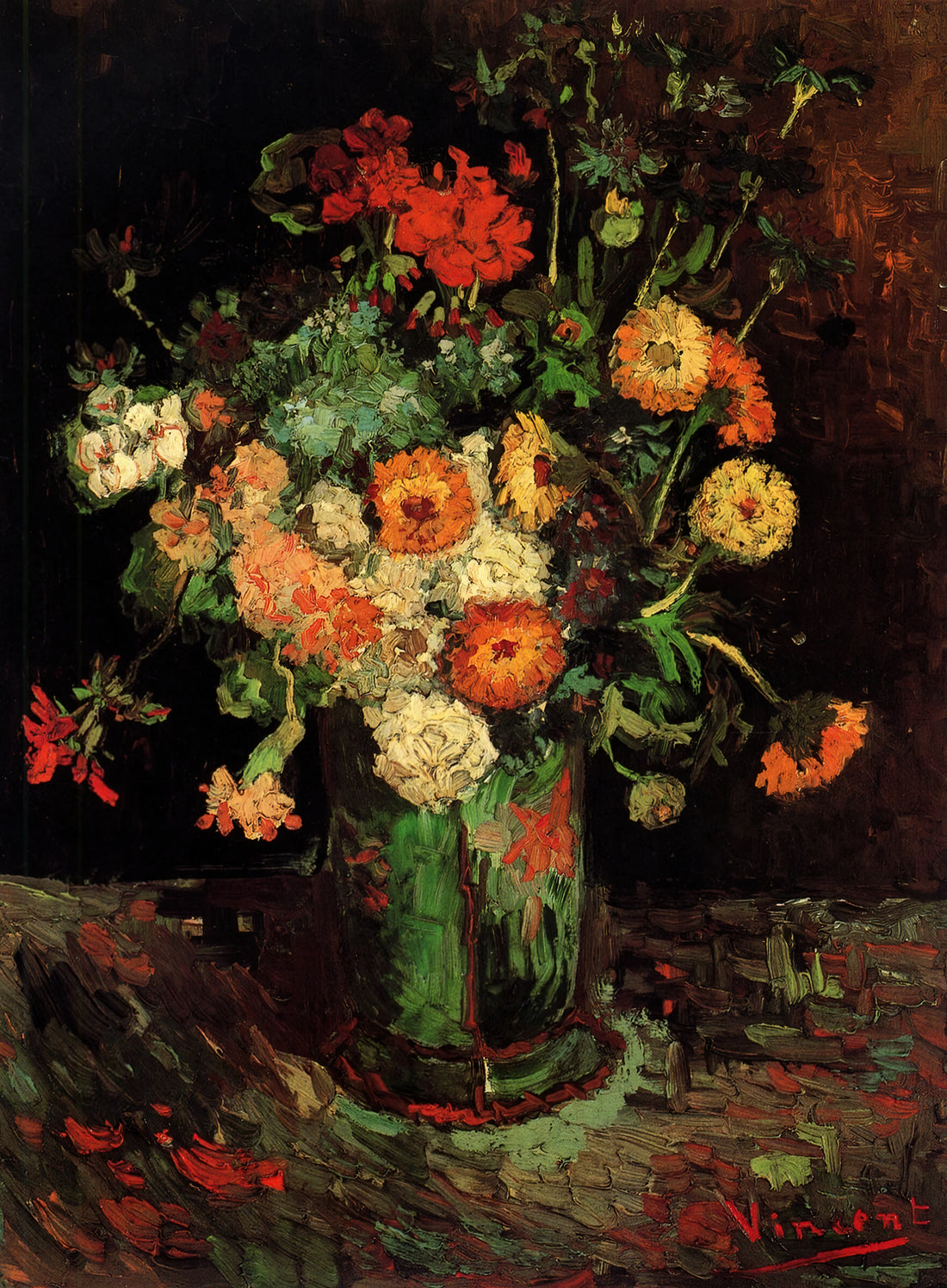 Van Gogh Replicas: The Art of Faithful Reproduction in Museum-Quality Prints - Vase with Zinnias and Geraniums by Vincent van Gogh