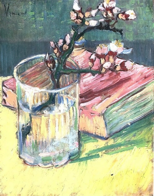 Vincent Willem van Gogh Paintings: A Curator's Guide to the Tormented Genius - Blossoming Almond Branch in a Glass with a Book by Vincent van Gogh