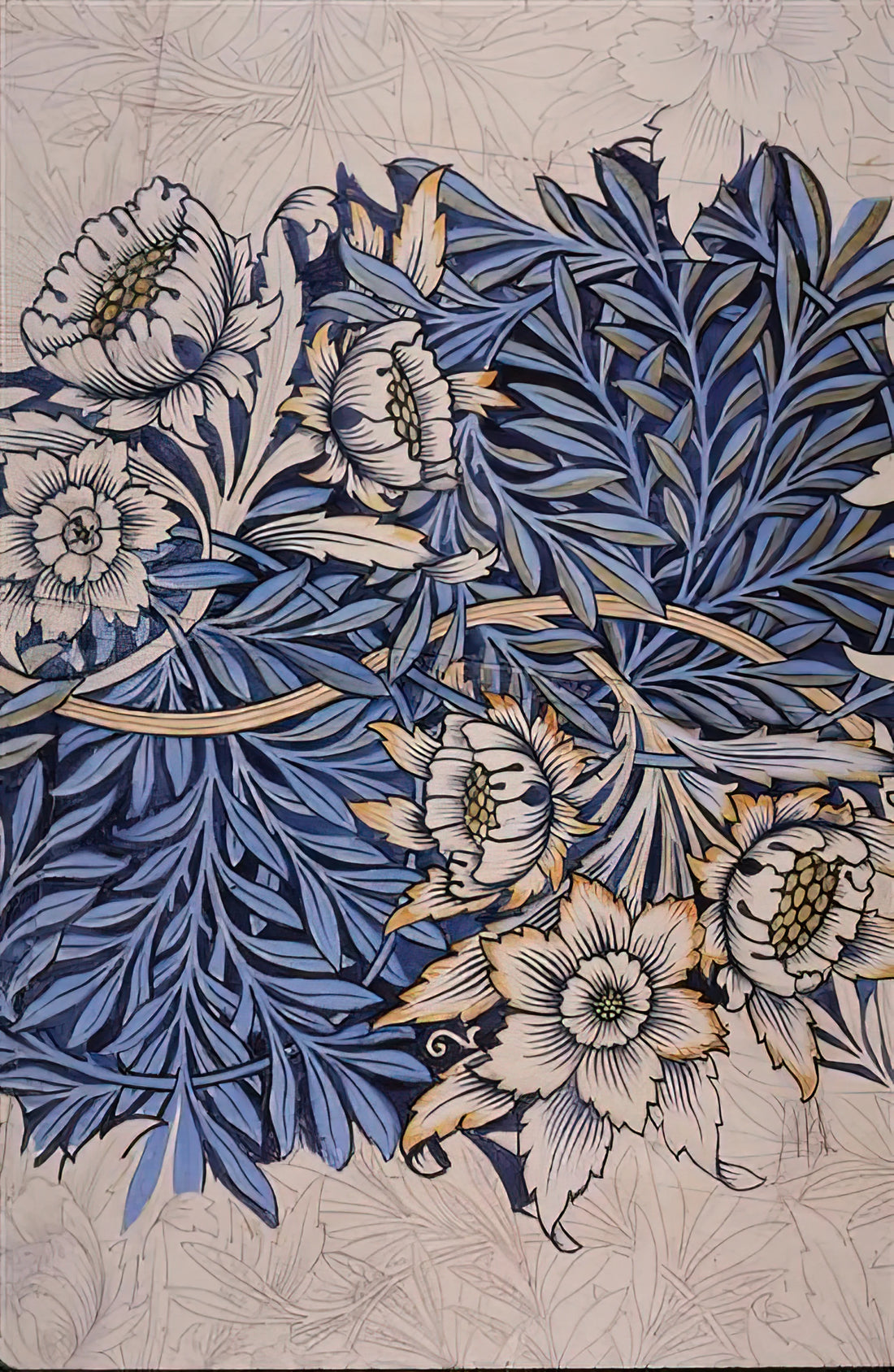 William Morris Victoria and Albert Museum Poster: A Collector's Guide to Arts and Crafts Legacy - DESIGN FOR TULIP AND WILLOW INDIGO DISCHARGE WOOD BLOCK PRINTED FABRIC 1873 by William Morris