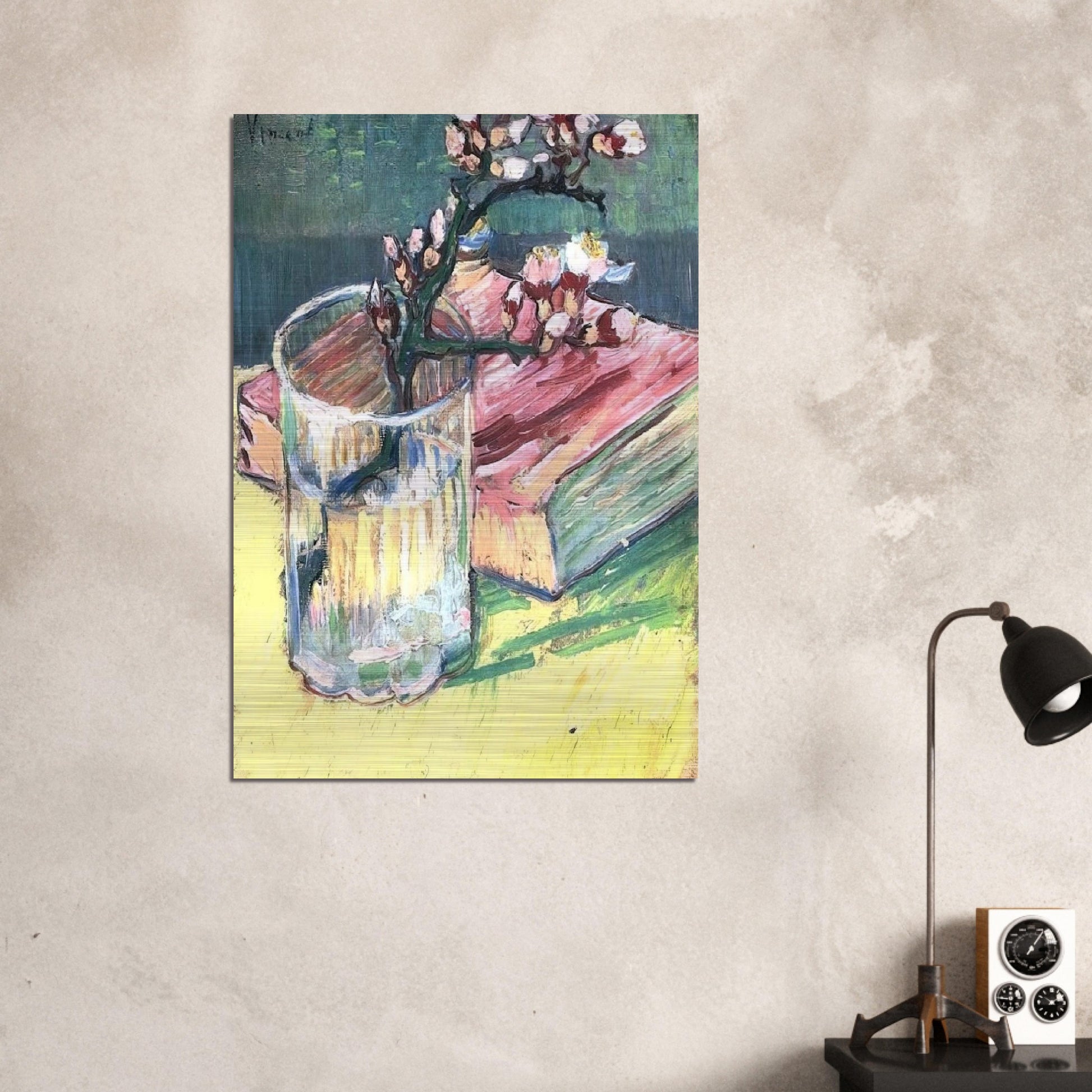 Blossoming Almond Branch in a Glass with a Book - Vincent van Gogh Brushed Aluminum Print - 70x100 cm / 28x40 inches | Vincent van Gogh Aluminum Print | Vincent van Gogh Prints