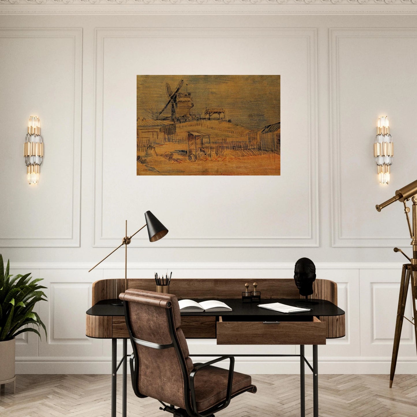 Gardens on Montmartre and the Blute-Fin Windmill - Vincent van Gogh Brushed Aluminum Print - 70x100 cm / 28x40 inches | Vincent van Gogh Aluminum Print | Vincent van Gogh Prints