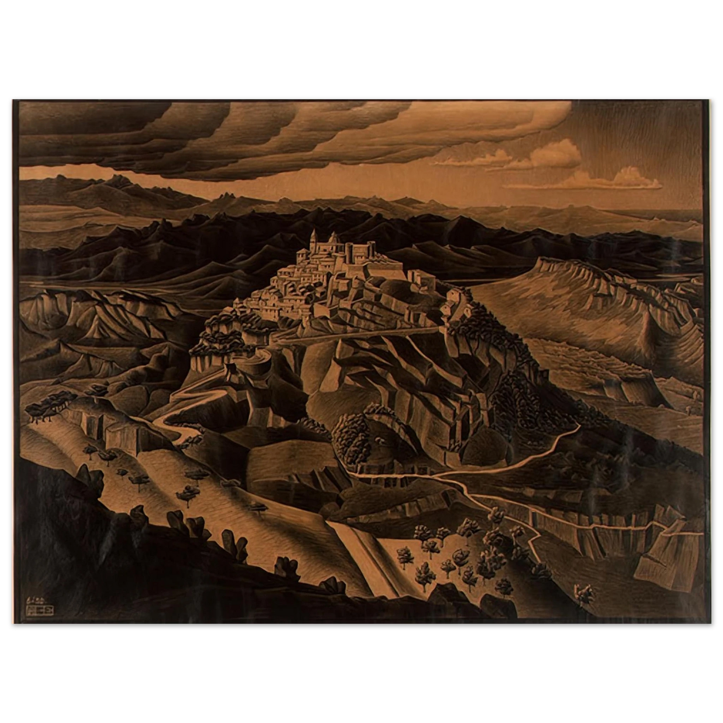MC Escher - ITALIAN TOWN Wall Art - 30x40 cm / 12x16 inches - Premium Wooden Framed Poster With Fine Art Paper-canvas - Wood frame