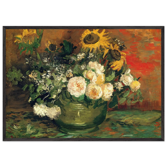 Still Life with Roses and Sunflowers - Vincent van Gogh 70x100 cm / 28x40 inches Framed Art Print – Black Wooden Frame