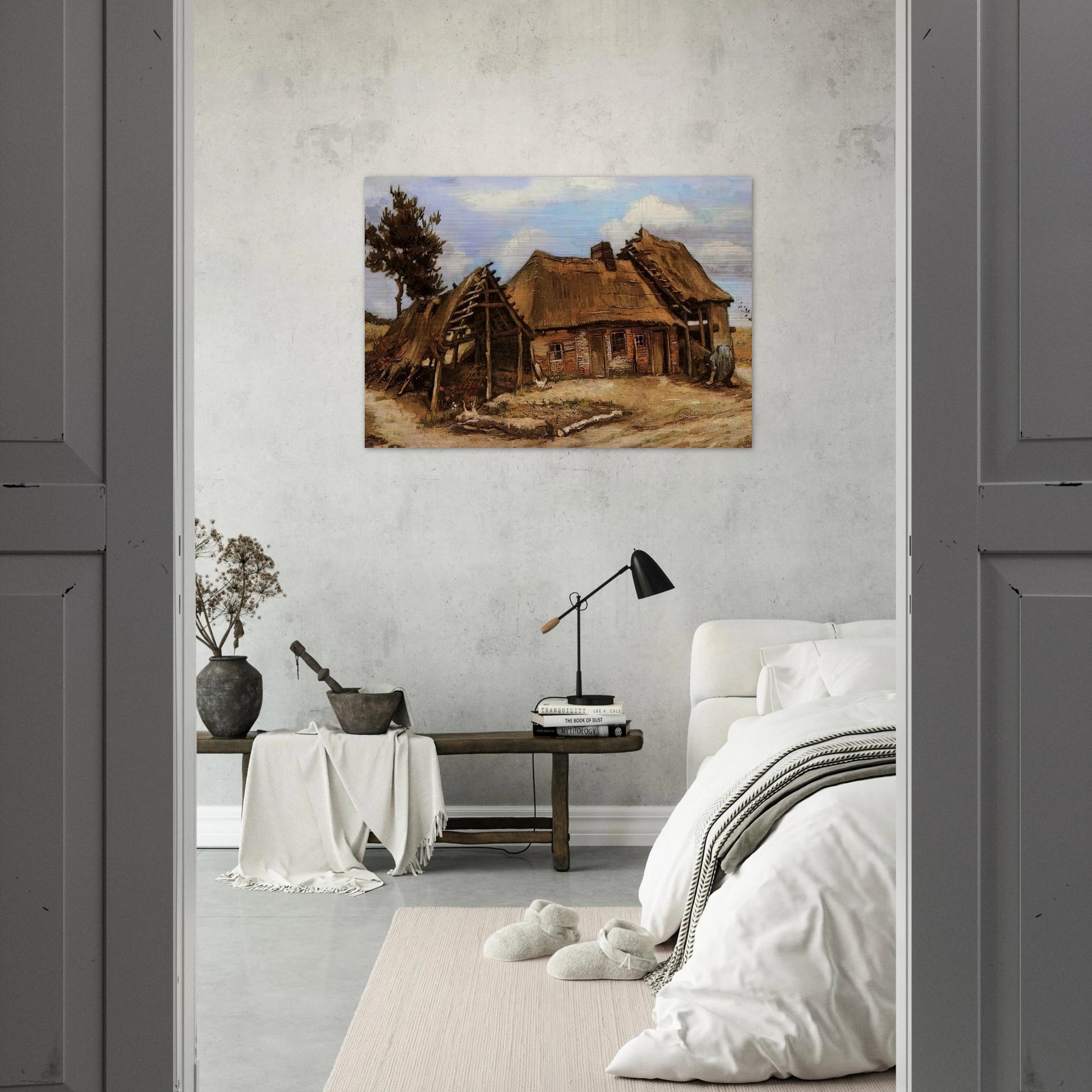 Cottage with Decrepit Barn and Stooping Woman - Vincent van Gogh Brushed Aluminum Print - 70x100 cm / 28x40 inches | Vincent van Gogh Aluminum Print | Vincent van Gogh Prints