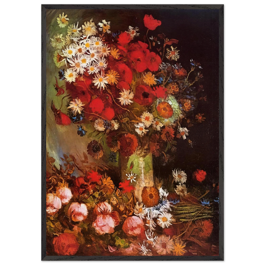 Vase with Poppies Cornflowers Peonies and Chrysanthemums - Vincent van Gogh 70x100 cm / 28x40 inches Framed Art Print – Black Wooden Frame