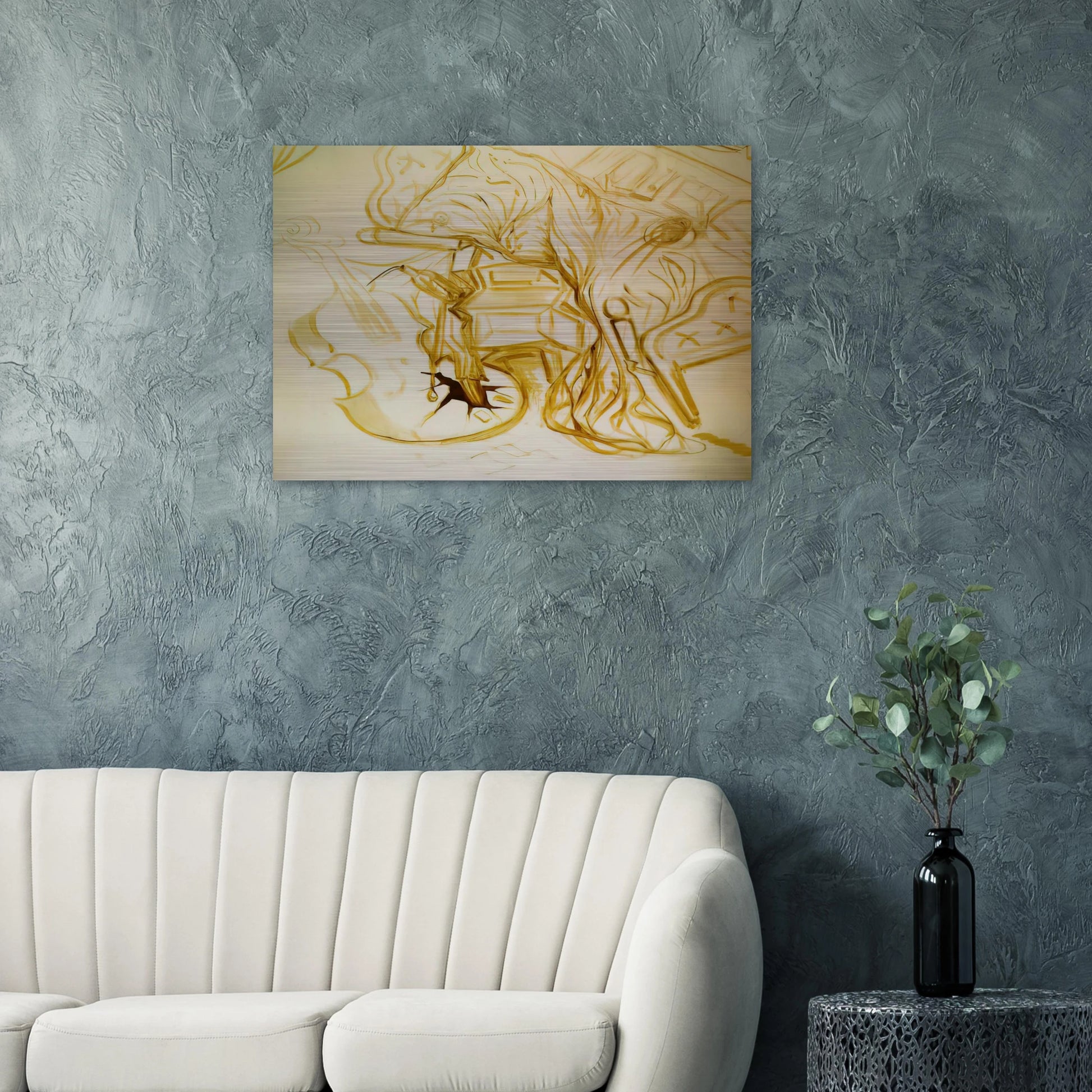 BED AND BEDSIDE TABLE FEROCIOUSLY ATTACKING A CELLO - Salvador Dali Brushed Aluminum Print - 70x100 cm / 28x40 inches | Salvador Dali Aluminum Print | Salvador Dali Prints