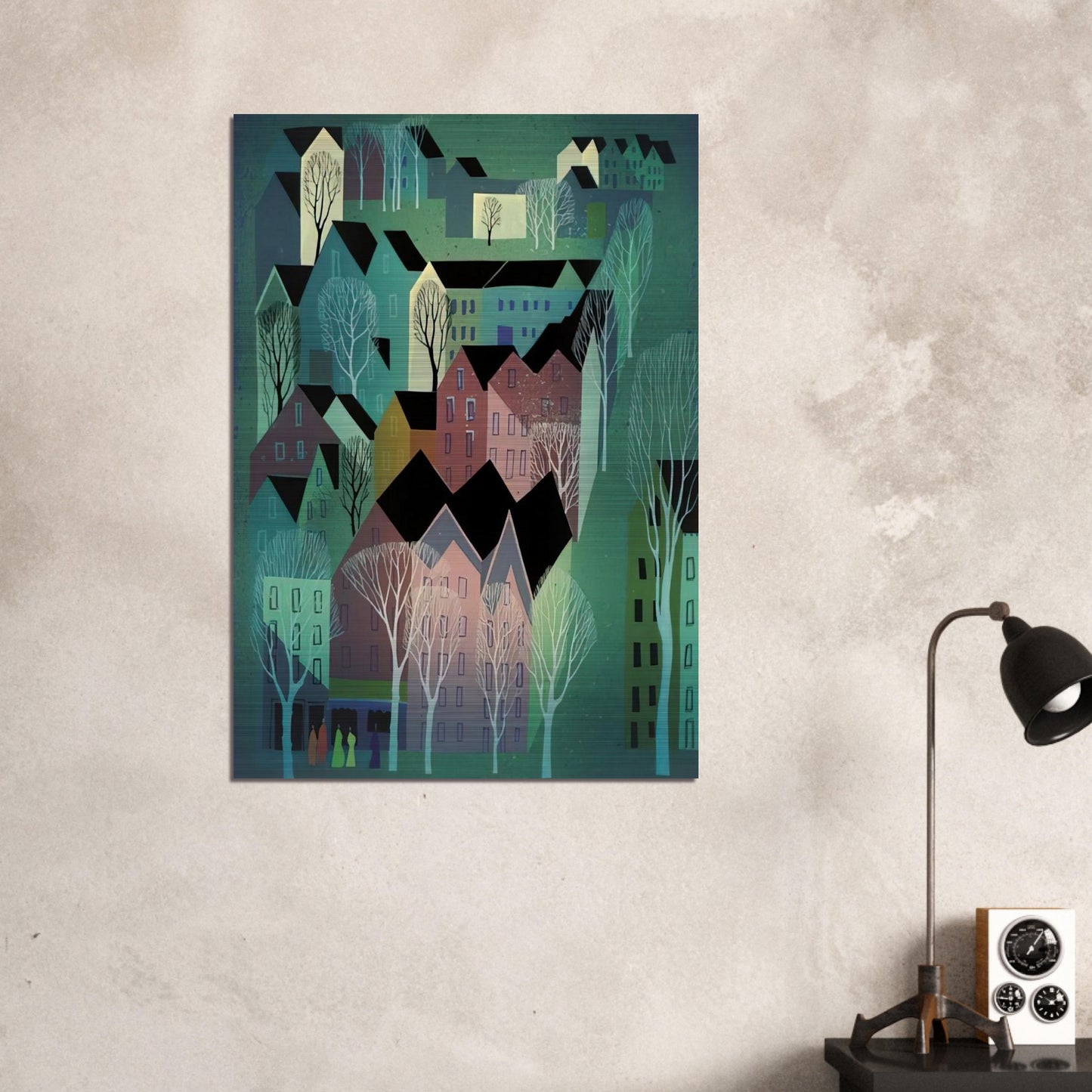 Village - Eyvind Earle Brushed Aluminum Print - 70x100 cm / 28x40 inches | Eyvind Earle Aluminum Print | Eyvind Earle Prints