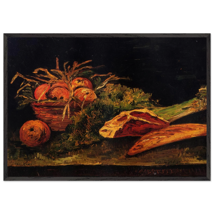 Still Life with Apples Meat and a Roll - Vincent van Gogh 70x100 cm / 28x40 inches Framed Art Print – Black Wooden Frame
