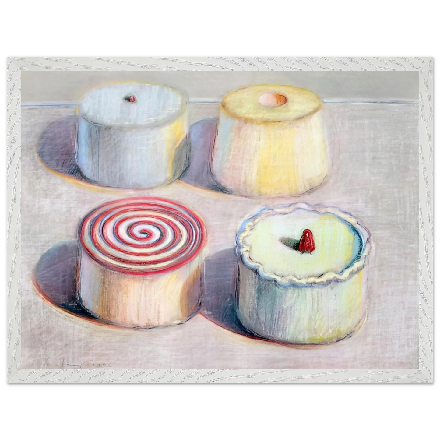 Wayne Thiebaud - Four Cakes - 1996 Wall Art - 21x29.7 cm / 8x12" - Premium Wooden Framed Poster With Fine Art Paper - Black frame