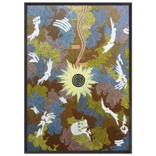 Lightning Dreaming  Mount Allen - 1990 - Clifford Possum Tjapaltjarri 70x100 cm / 28x40 inches Framed Art Print – Black Wooden Frame