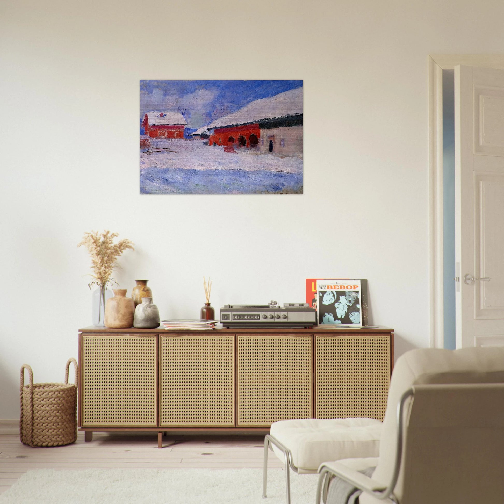 Red Houses at Bjornegaard in the Snow, Norway - claude monet Brushed Aluminum Print - 70x100 cm / 28x40 inches | claude monet Aluminum Print | claude monet Prints