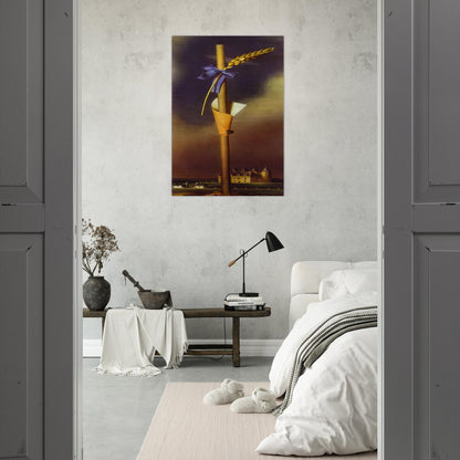 BLUE KNOT AND EAR OF WHEAT NEXT TO THE CASTLE - Salvador Dali Brushed Aluminum Print - 70x100 cm / 28x40 inches | Salvador Dali Aluminum Print | Salvador Dali Prints