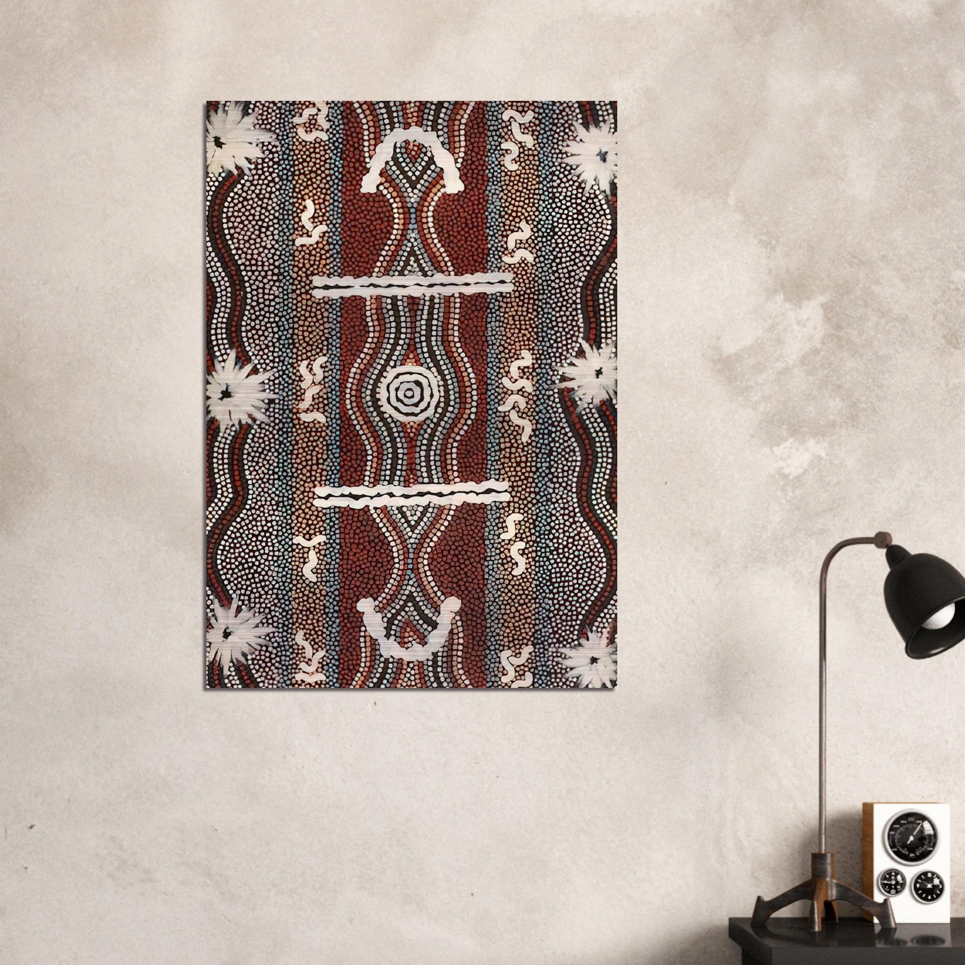Caterpillar Dreaming - 1998 - Clifford Possum Tjapaltjarri Brushed Aluminum Print - 70x100 cm / 28x40 inches | Clifford Possum Tjapaltjarri Aluminum Print | Clifford Possum Tjapaltjarri Prints