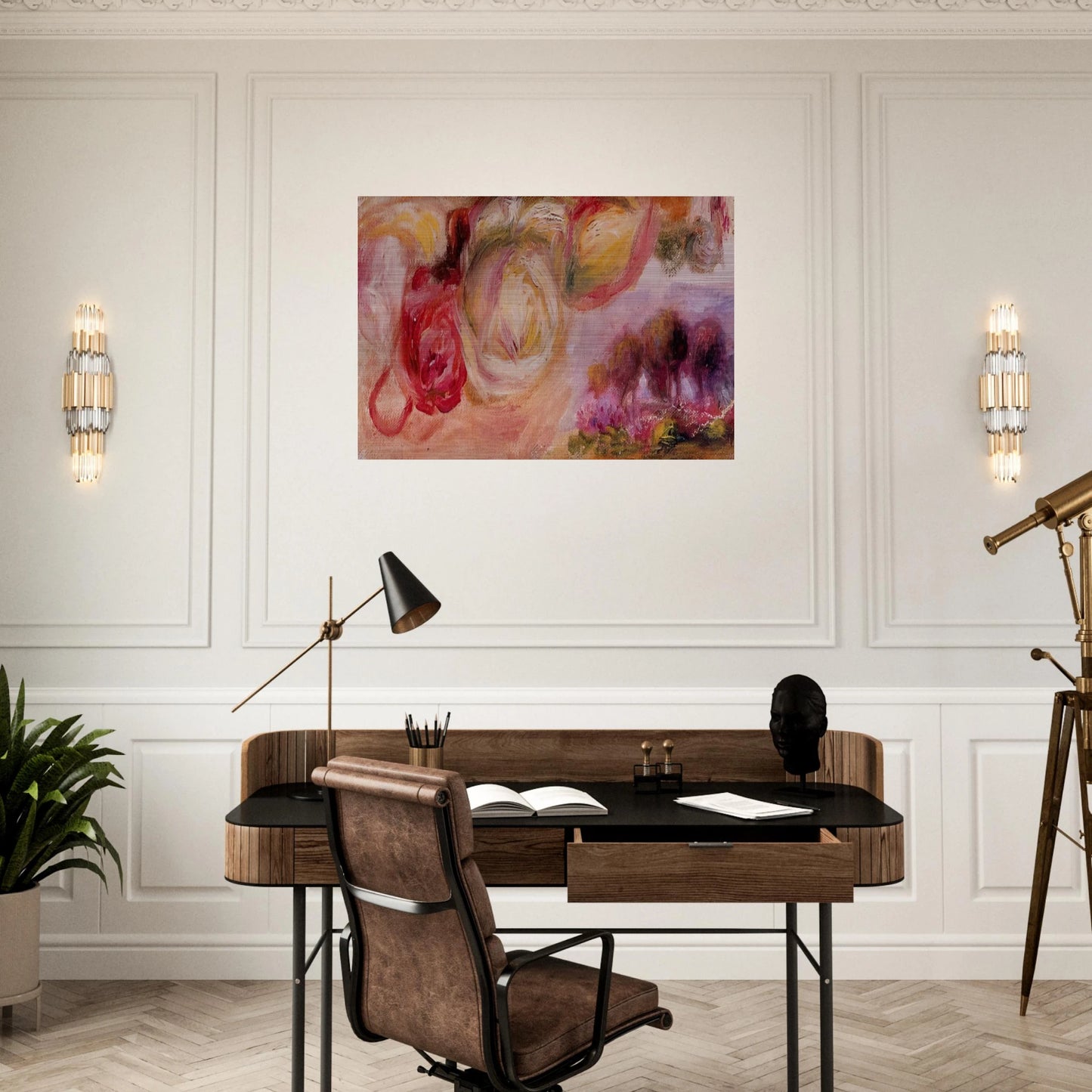 Roses with a Landscape - Pierre-Auguste Renoir Brushed Aluminum Print - 70x100 cm / 28x40 inches | Pierre-Auguste Renoir Aluminum Print | Pierre-Auguste Renoir Prints