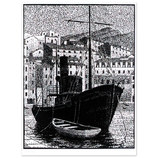 MC Escher - TUGBOAT OLD HARBOR OF BASTIA JANUARY 1934 1934 Wall Art - 21x29.7 cm / 8x12" - Fine Art Poster-canvas - -