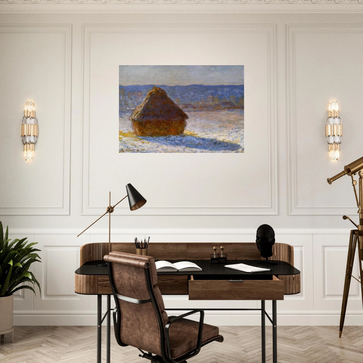 Grainstack, Snow Effect, Morning - claude monet Brushed Aluminum Print - 70x100 cm / 28x40 inches | claude monet Aluminum Print | claude monet Prints