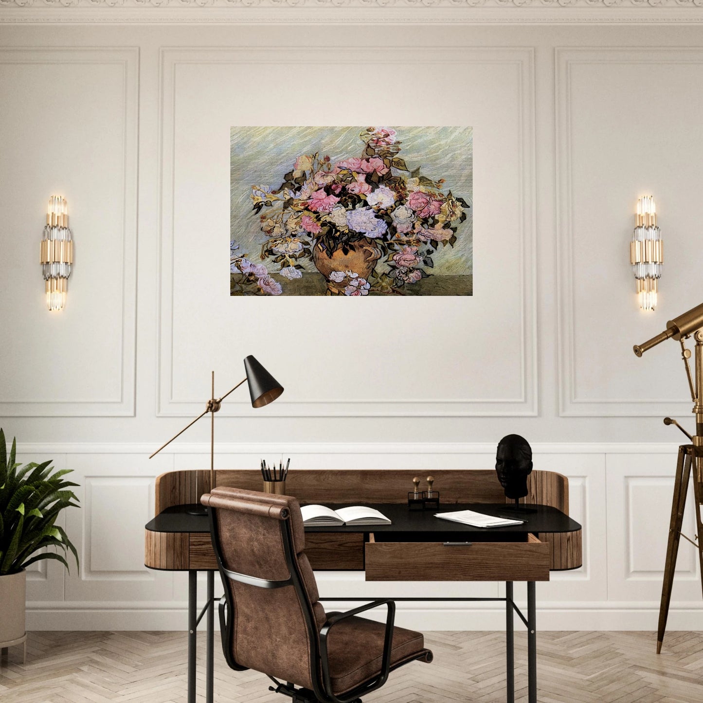 Still Life Vase with Roses - Vincent van Gogh Brushed Aluminum Print - 70x100 cm / 28x40 inches | Vincent van Gogh Aluminum Print | Vincent van Gogh Prints