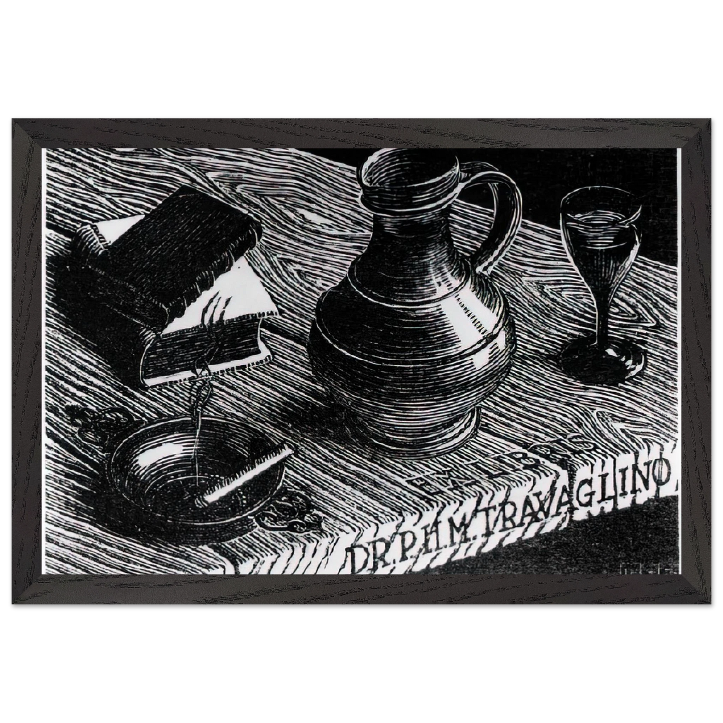 MC Escher - BOOKPLATE DR P H M TRAVAGLINO Wall Art - 30x40 cm / 12x16 inches - Premium Wooden Framed Poster With Fine Art Paper-canvas - Black frame