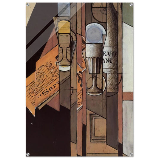 GLASSES NEWSPAPER AND BOTTLE OF WINE - Juan Gris Acrylic Print - 70x100 cm / 28x40″ inches
