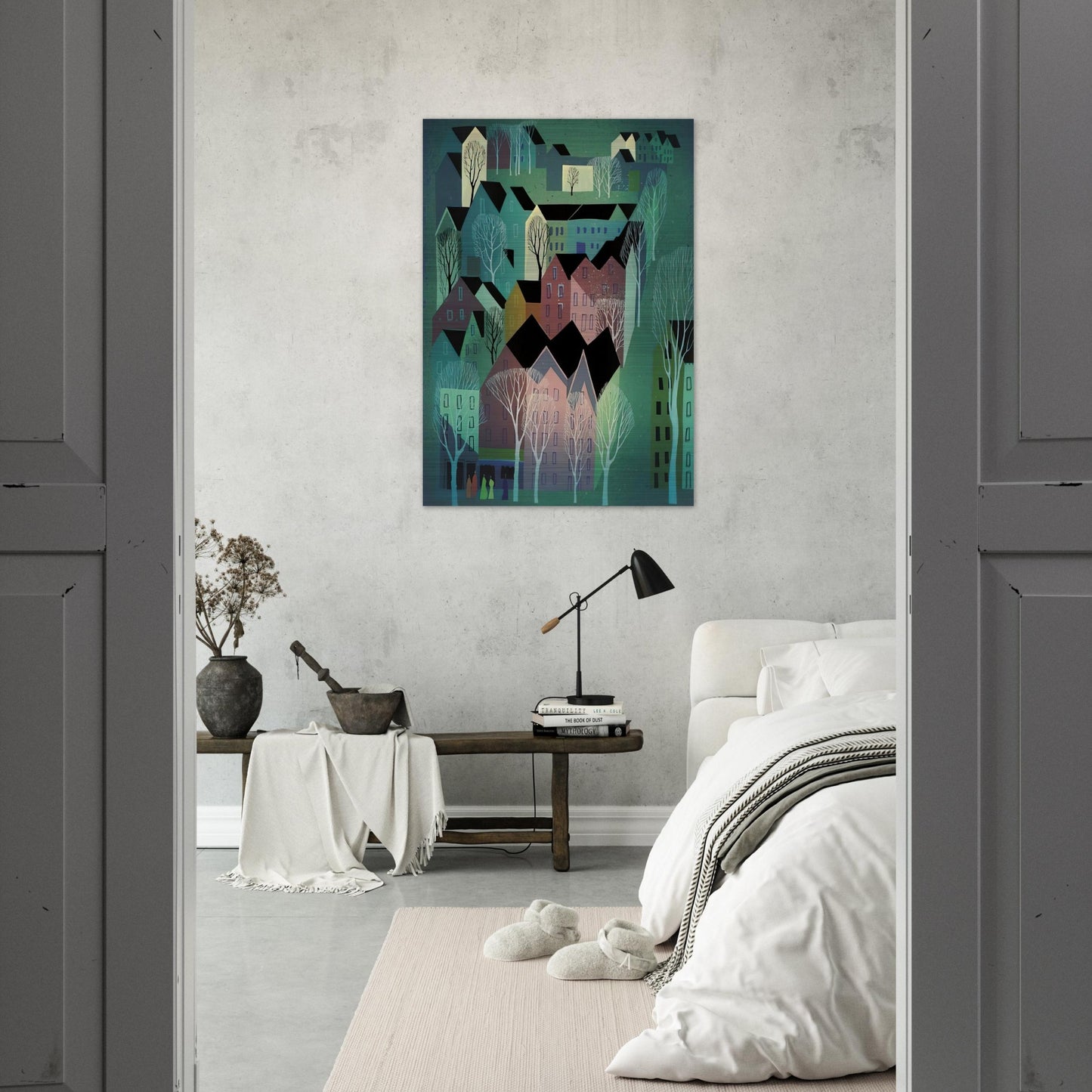 Village - Eyvind Earle Brushed Aluminum Print - 70x100 cm / 28x40 inches | Eyvind Earle Aluminum Print | Eyvind Earle Prints