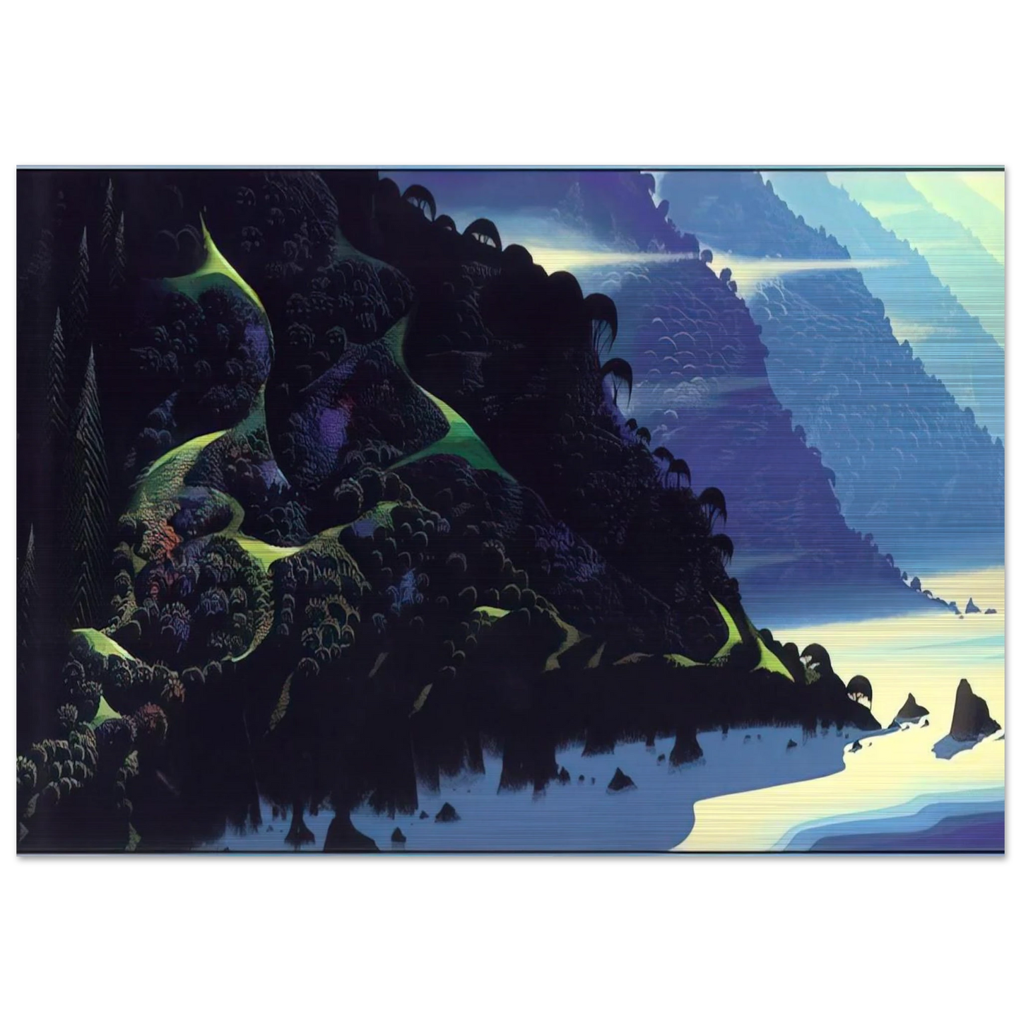 Blue Coastline - Eyvind Earle Brushed Aluminum Print - 70x100 cm / 28x40 inches | Eyvind Earle Aluminum Print | Eyvind Earle Prints