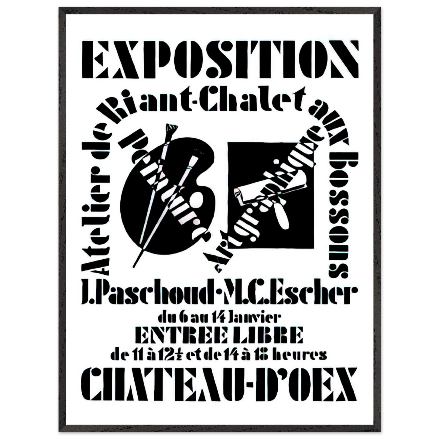 MC Escher - POSTER FOR EXHIBITION JOHN PASCHOUD AND M C ESCHER DECEMBER 1936 1936 Wall Art - 21x29.7 cm / 8x12" - Premium Wooden Framed Poster With Fine Art Paper - White frame