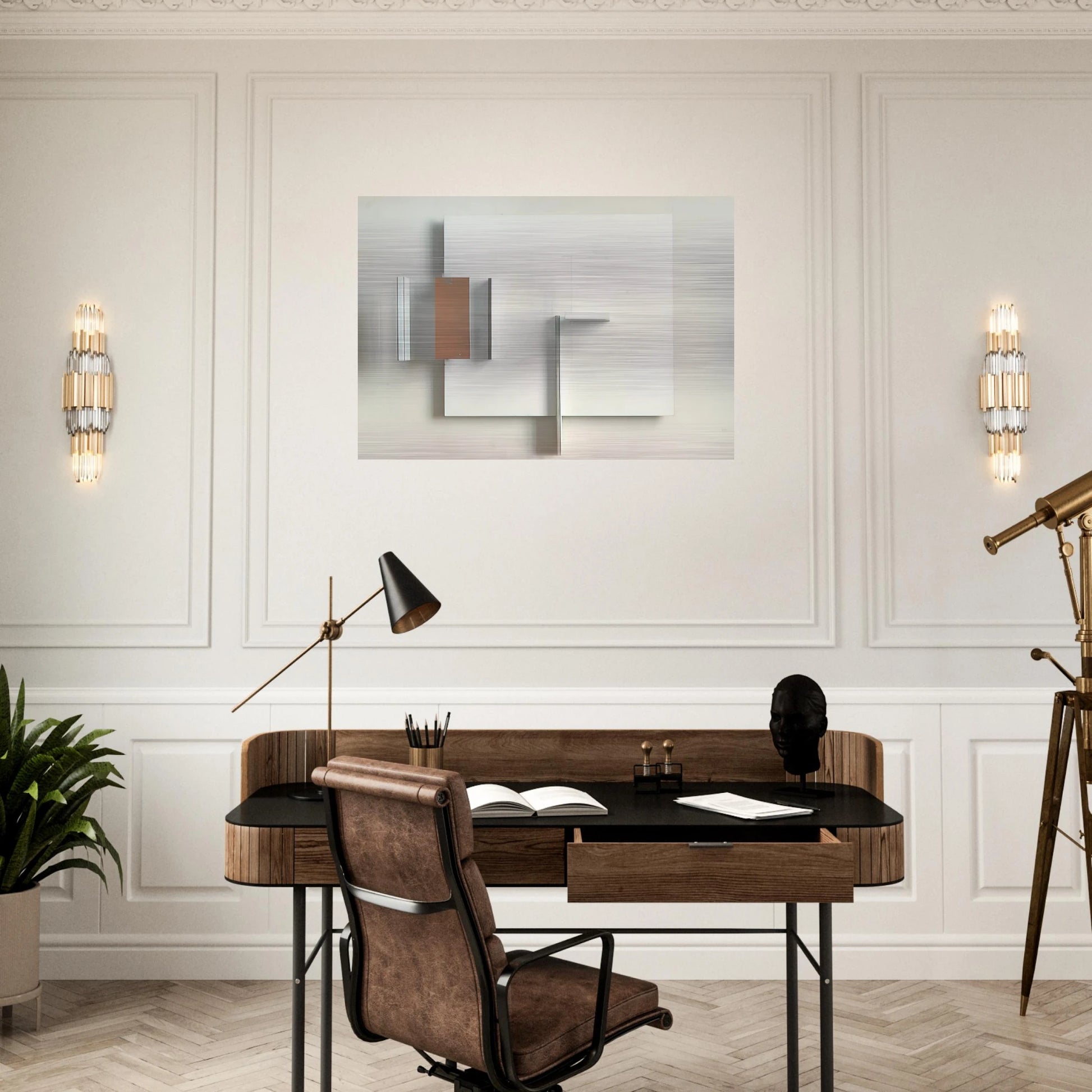 Abstract in White, Black and Ochre - 1962 - Victor Pasmore Brushed Aluminum Print - 70x100 cm / 28x40 inches | Victor Pasmore Aluminum Print | Victor Pasmore Prints