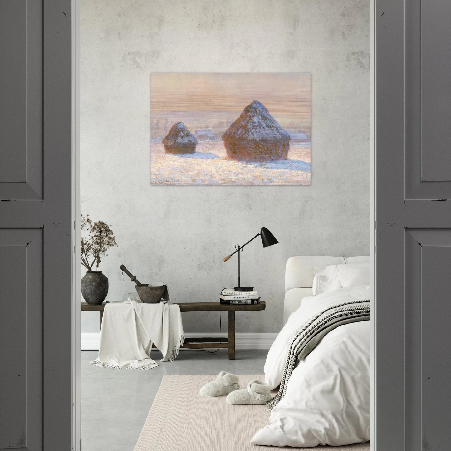 Wheatstacks, Snow Effect, Morning - claude monet Brushed Aluminum Print - 70x100 cm / 28x40 inches | claude monet Aluminum Print | claude monet Prints