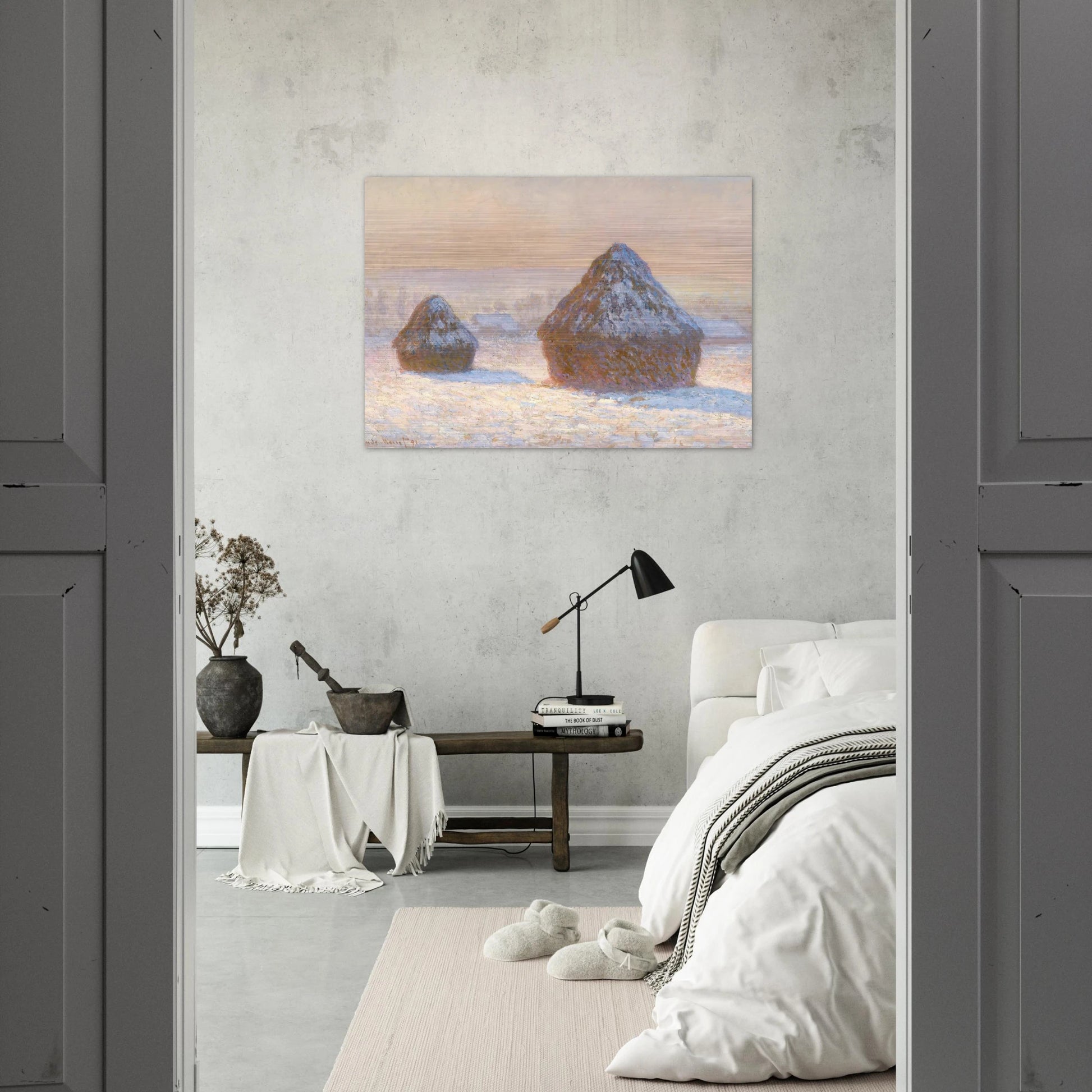 Wheatstacks, Snow Effect, Morning - claude monet Brushed Aluminum Print - 70x100 cm / 28x40 inches | claude monet Aluminum Print | claude monet Prints
