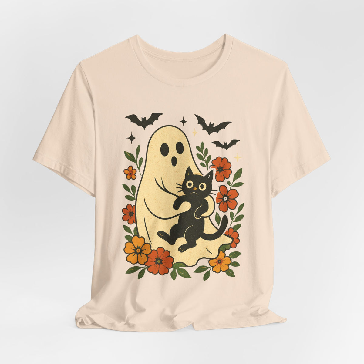 Fantôme effrayant tenant un chat noir Floral psychédélique Halloween