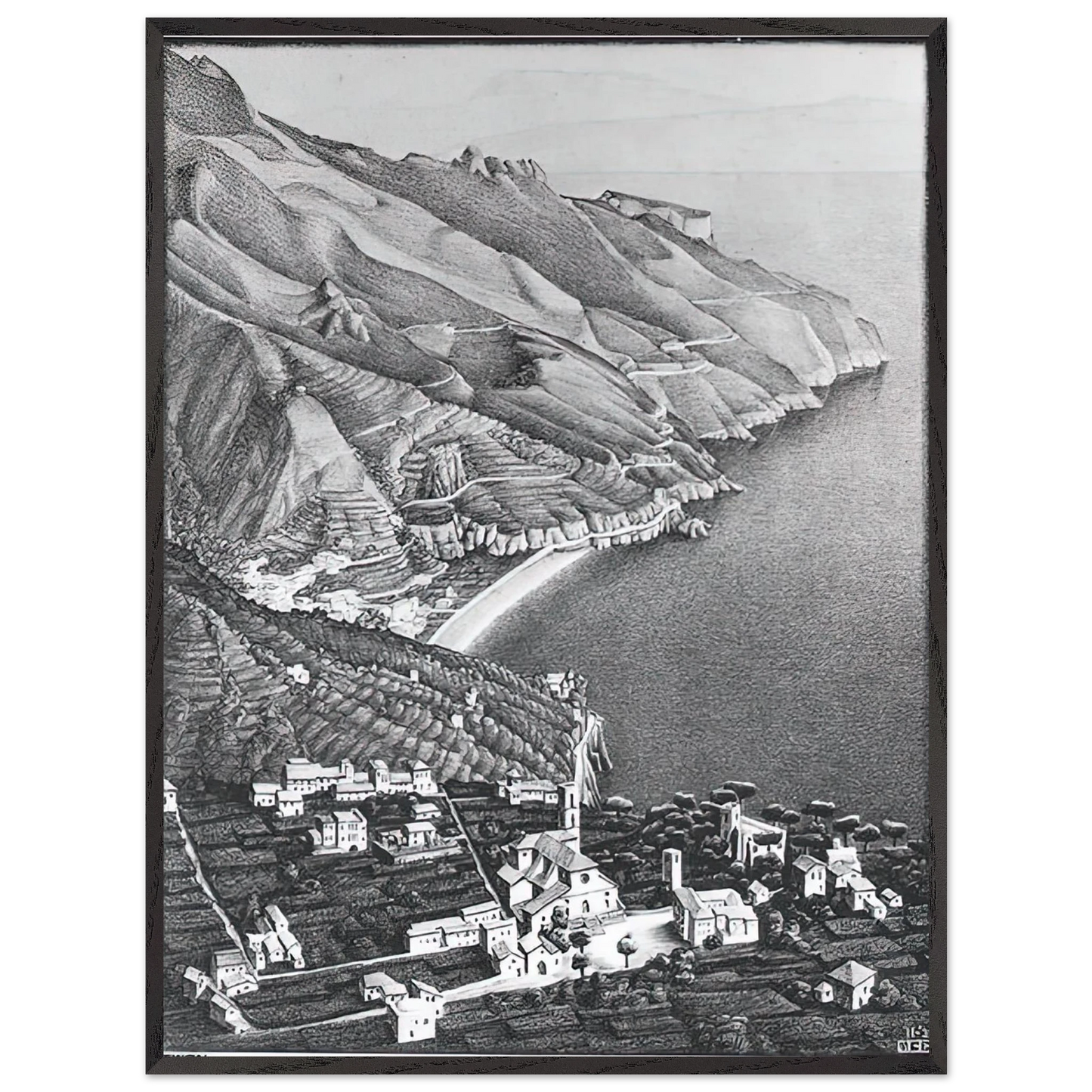MC Escher - RAVELLO AND THE COAST OF AMALFI Wall Art - 60x80 cm / 24x32 inches - Premium Wooden Framed Poster With Fine Art Paper-canvas - White frame