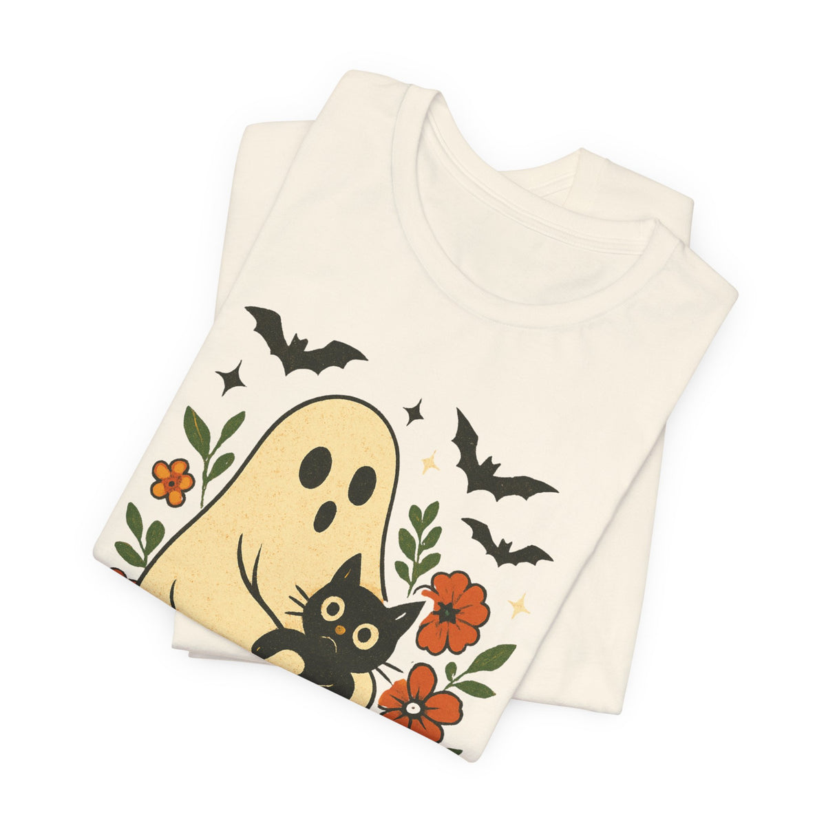 Fantôme effrayant tenant un chat noir Floral psychédélique Halloween