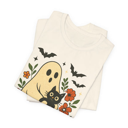 Fantôme effrayant tenant un chat noir Floral psychédélique Halloween