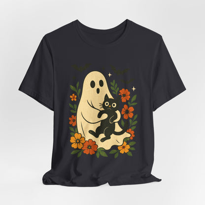 Fantôme effrayant tenant un chat noir Floral psychédélique Halloween