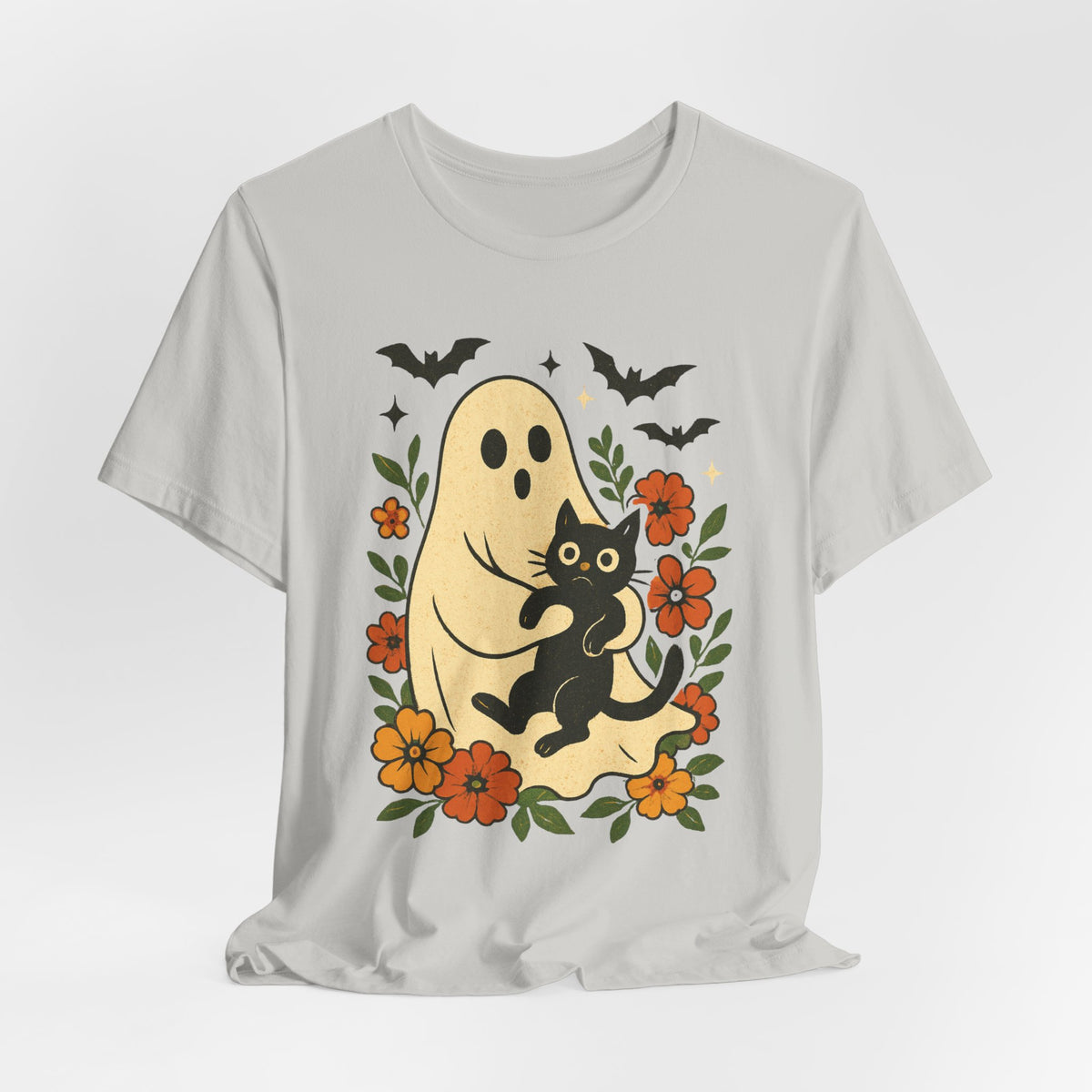 Fantôme effrayant tenant un chat noir Floral psychédélique Halloween