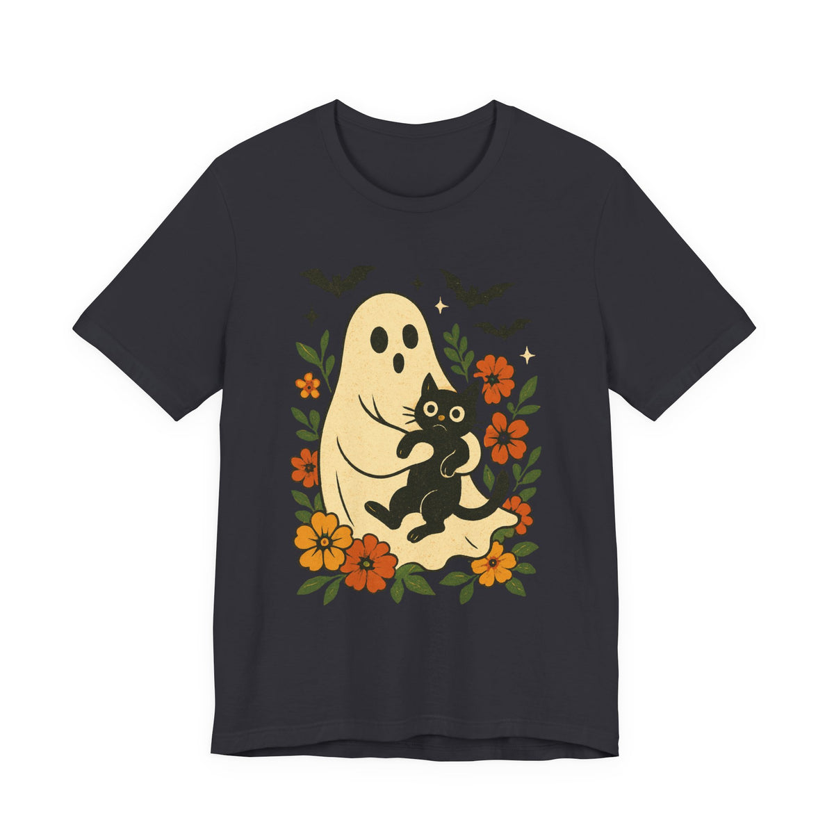 Fantôme effrayant tenant un chat noir Floral psychédélique Halloween