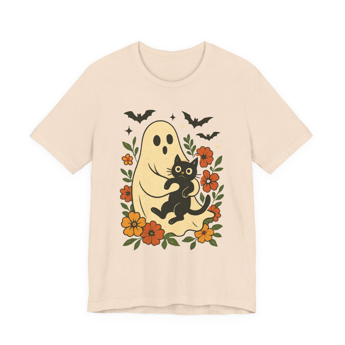 Fantôme effrayant tenant un chat noir Floral psychédélique Halloween